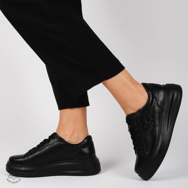 Pantofii casual piele naturala CU SIRET SI MODEL LATERAL CRL1440 NEGRU - Img 2