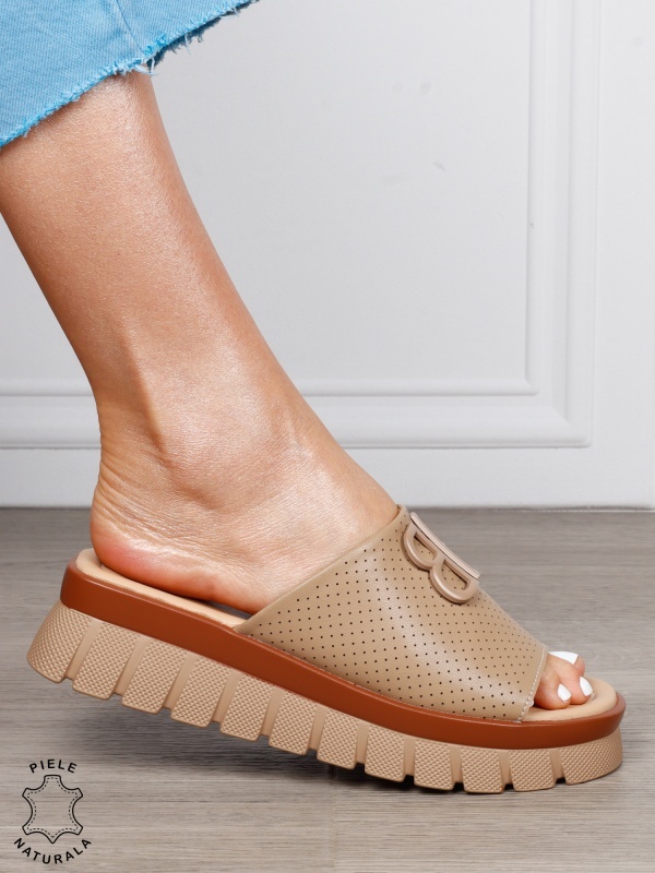 Papuci Damă din Piele Naturală cu Detalii Perforate și Talpă Groasă CRL1264 KHAKI - Img 4