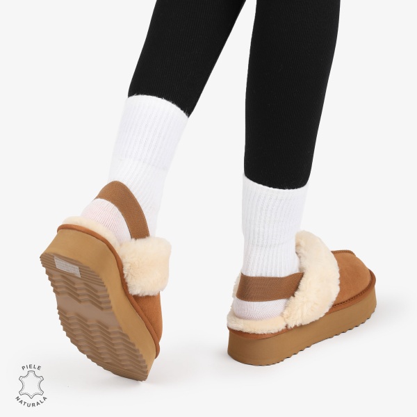 PAPUCI DAMA TIP UG din PIELE INTOARSA CU ELASTIC LA SPATE CRL1269 CULOARE: Camel - Img 5