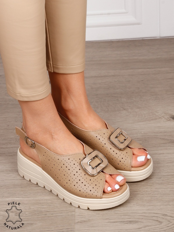 Sandale damă din piele naturală cu detaliu tip cataramă frontală CRL1659 KHAKI - Img 2