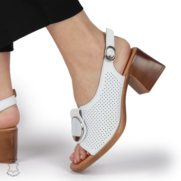 SANDALE dama din Piele Naturala PERFORATA CU TOC PATRAT SI CATARAMA CRL1370 ALB - Img 2
