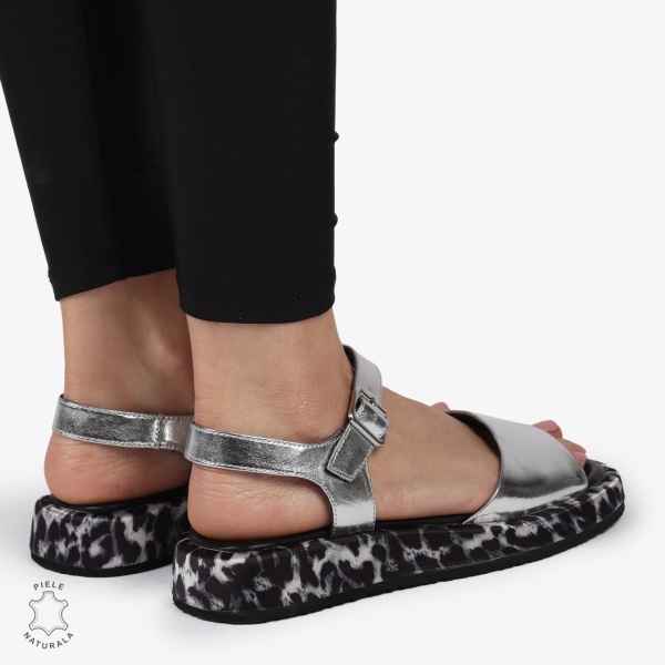 SANDALE DAMA PIELE NATURALA CU TALPA IMPRIMEU LEOPARD CRL1262 ARGINTIU - Img 3