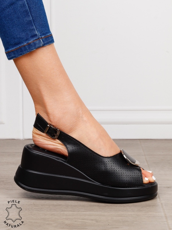SANDALE Dama Piele Naturala CU TALPA INALTA SI ACCESORIU METALIC CRL1599 NEGRU - Img 2