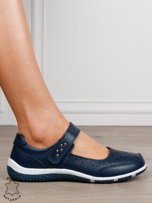 Balerini dama din Piele Naturala cu inchidere velcro CRL1548 BLEUMARIN - Img 2
