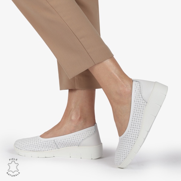 Balerini dama din Piele Naturala cu talpa groasa CRL01382 ALB - Img 3