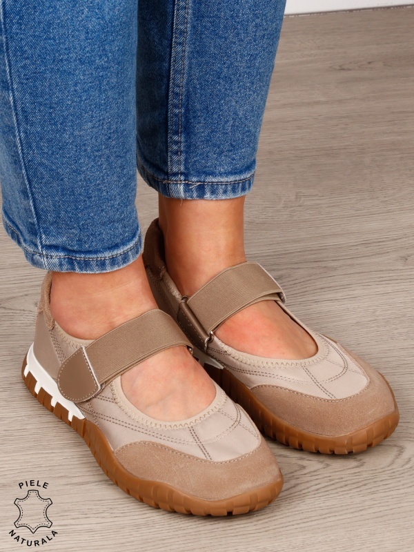 Balerini damă din piele naturală întoarsă și material textil, cu branț din piele naturală CRL1562 khaki - Img 2