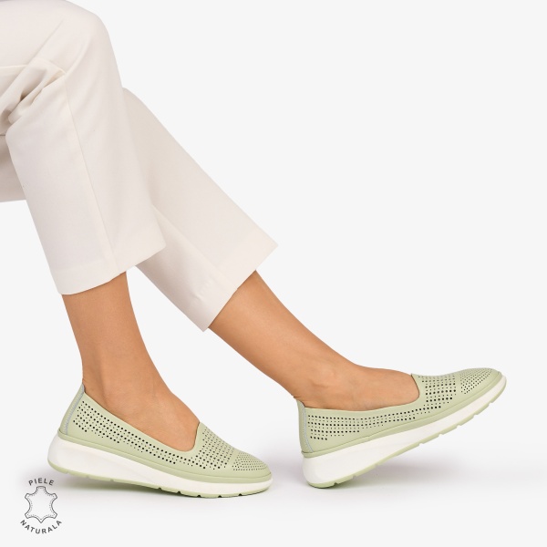 Balerini dama din Piele Naturala Perforata CRL1075 CULOARE: Verde - Img 2