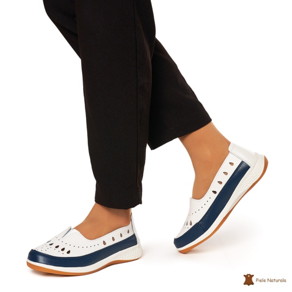 Balerini Dama Piele Naturala Slip-on CRL0074 ALB CU BLEUMARIN - Img 2