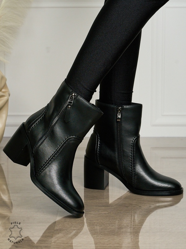 Botine DAMA din PIELE NATURALA CU TOC GROS CRL1493 Negru - Img 2
