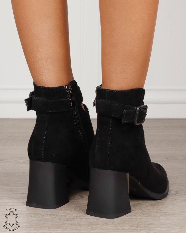 Botine damă din piele naturală întoarsă, cu elastic frontal și baretă cu cataramă CRL1885 NEGRU - Img 3