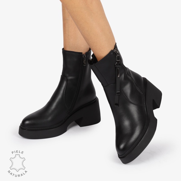 BOTINE DIN PIELE NATURALA cu Fermoar lateral si toc Gros CRL1243 Negru - Img 4