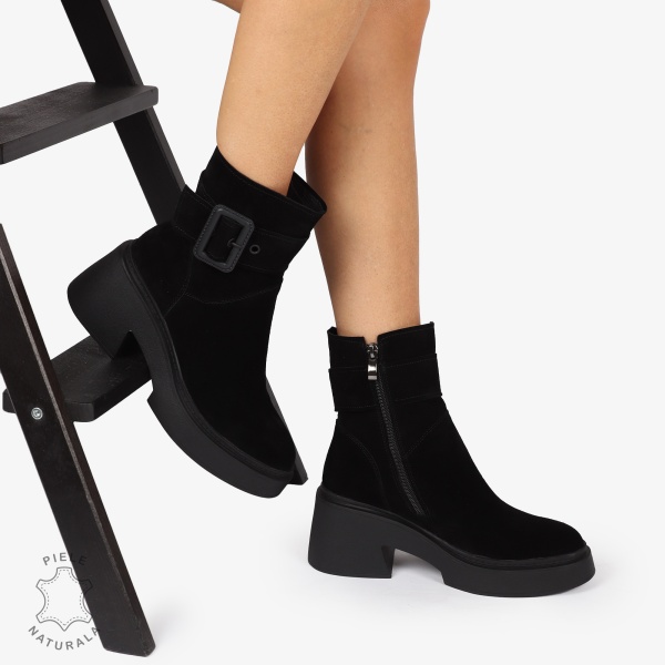 Botine Piele Naturala intoarsa cu Catarama, Design Modern și Confortabil CRL1242 Negru - Img 3