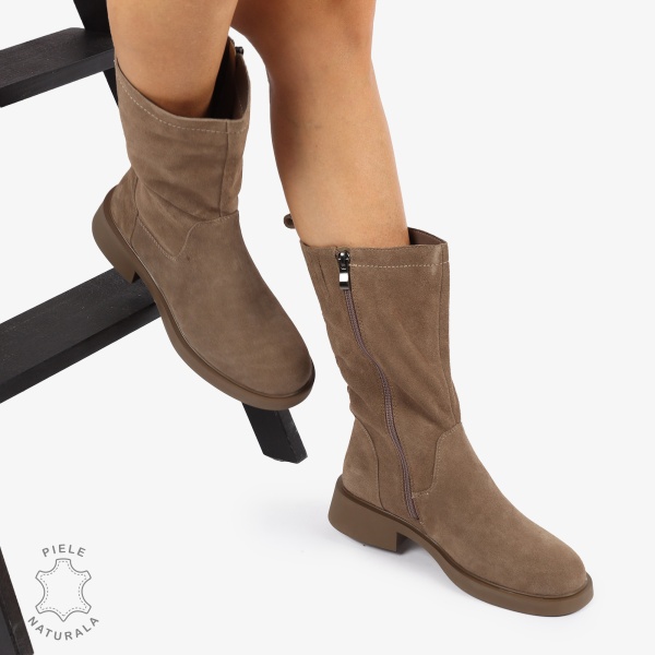 Cizme Damă din Piele Naturală Intoarsa Inalte cu inchidere fermoar CRL1252 Khaki - Img 2