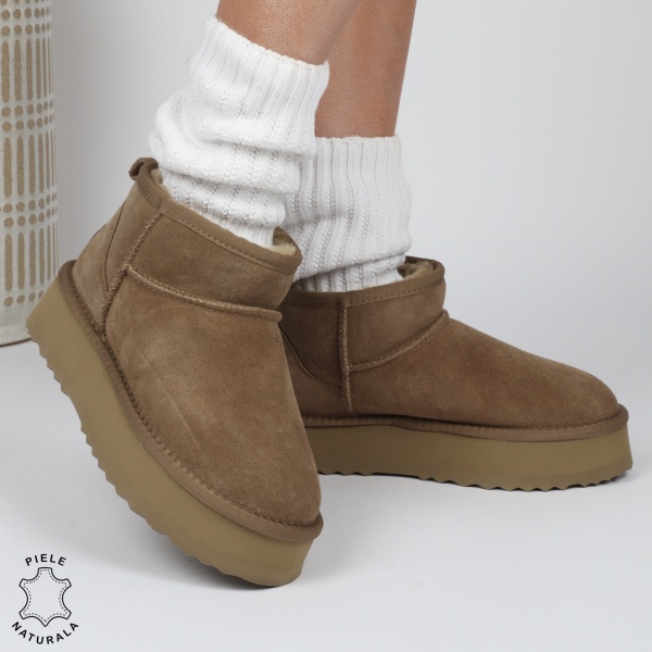 CIZME TIP UG DAMA SCURTE din PIELE NATURALA INTOARSA CRL1267 CULOARE: KHAKI - Img 3