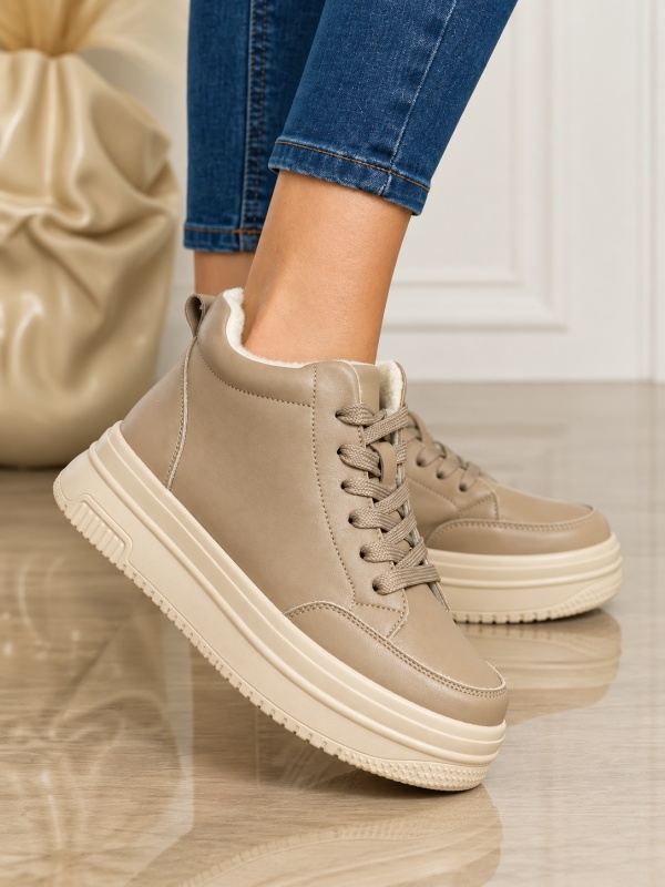 Ghete casual din piele naturală cu talpa solida CRL1510 KHAKI - Img 2