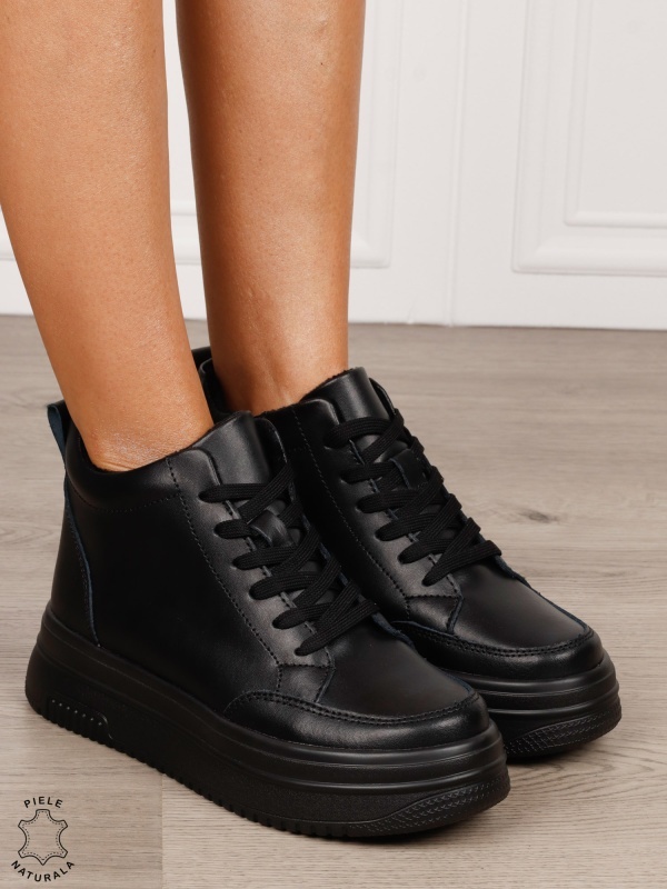 Ghete casual din piele naturală cu talpa solida CRL1510 NEGRU - Img 2