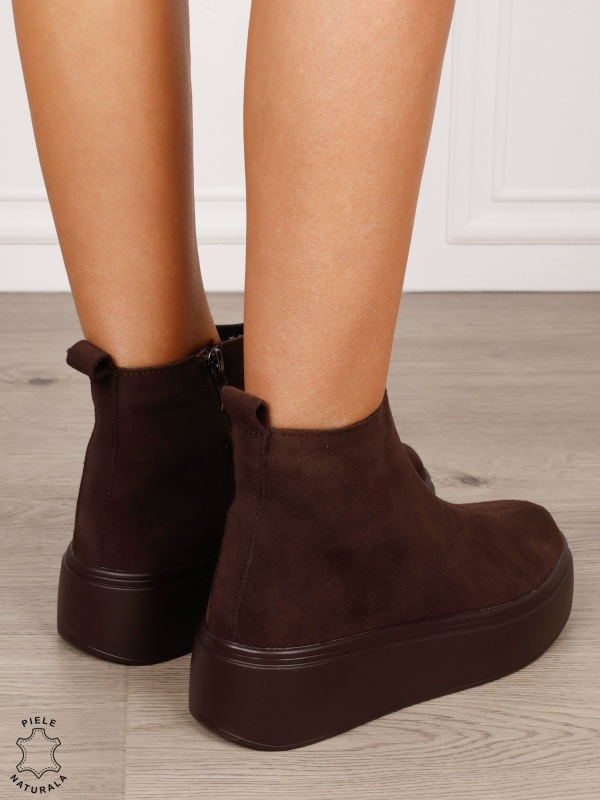 Ghete casual din piele naturală intoarsa cu talpa solida cu fermoar CRL1511 CAFENIU - Img 4