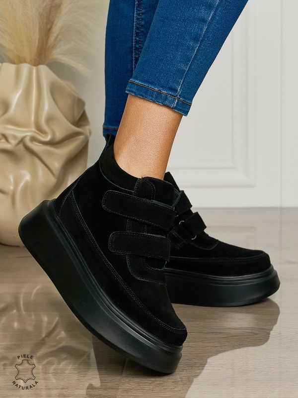 Ghete casual din piele naturală intoarsa cu talpa solida Velcro si fermoar CRL1512 NEGRUSUEDE - Img 2