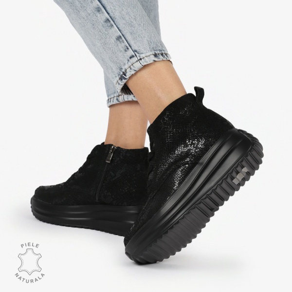 GHETE DAMA piele naturala INTOARSA cu IMPRIMEU SARPE CRL1309 Negru - Img 2