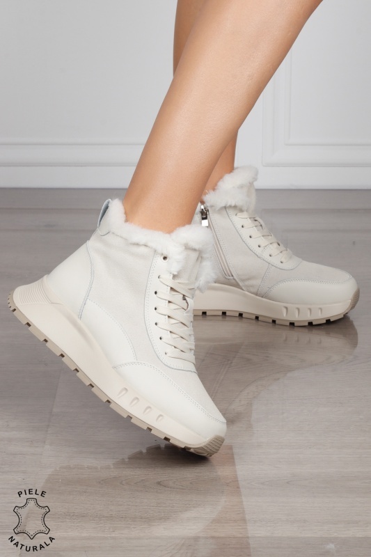 GHETE DAMA scurte din PIELE Naturala Combinata cu Piele intoarsa CRL1528 Bej - Img 2