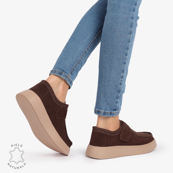 MOCASINI dama din Piele Naturala INTOARSA CU INCHIDERE VELCRO CRL1227 MARO - Img 4