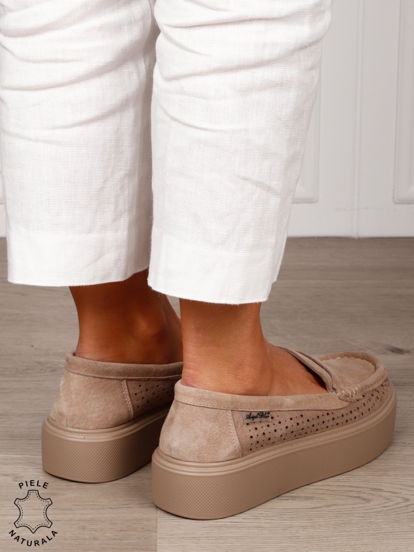 MOCASINI damă din piele naturală intoarsa cu talpa inalta CRL1580 KHAKI - Img 3