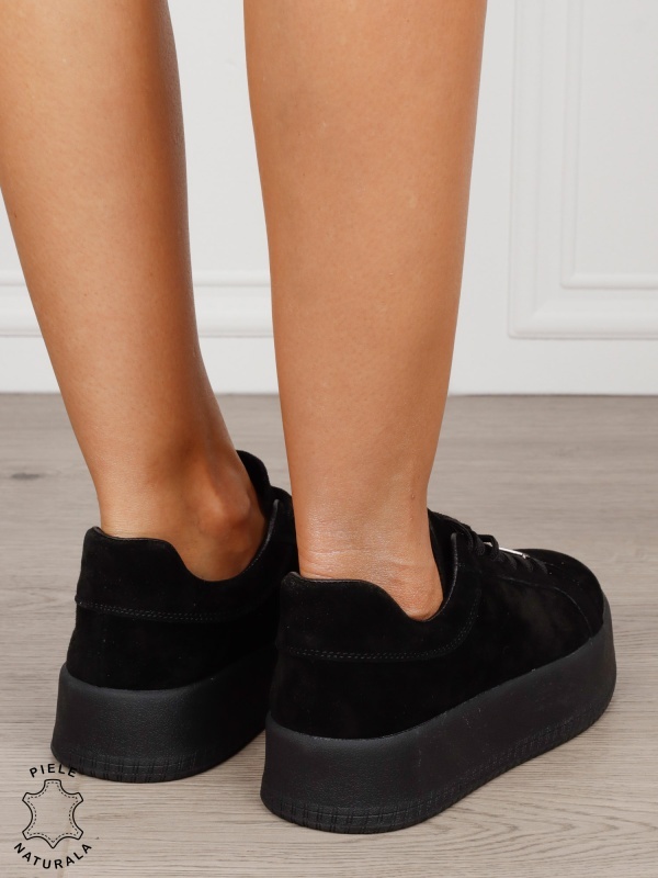 Pantofi casual damă din piele întoarsă naturală cu detaliu decorativ frontal CRL1820 NEGRU - Img 3