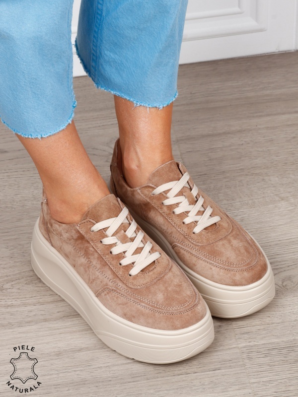 Pantofi casual damă din piele întoarsă naturală cu siret CRL1822 KHAKI - Img 2