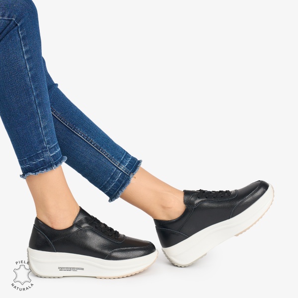 Pantofi casual dama din Piele naturală CRL0058 Negru cu ALB - Img 2