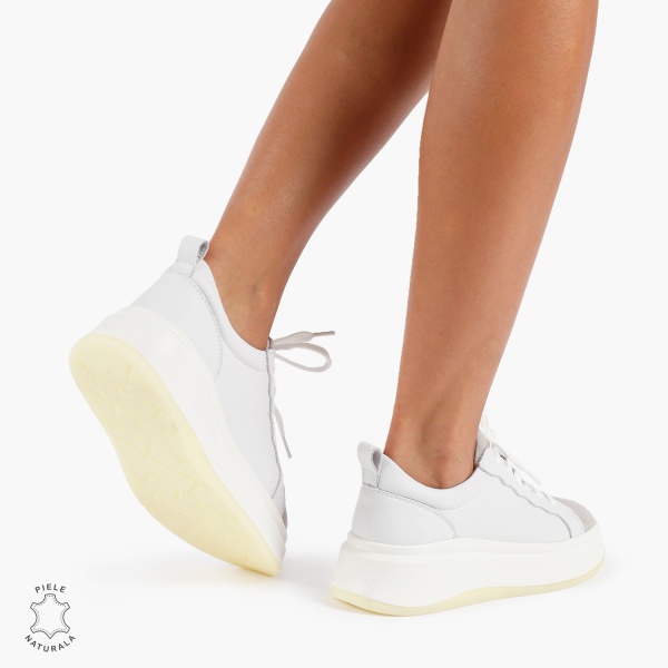 Pantofi Casual DAMA din PIELE Naturala CRL0947 CULOARE: ALB CU ARGINTIU - Img 4