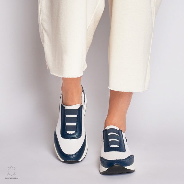 Pantofi Casual dama din Piele naturala CRL1233 CU INCHIDERE ELASTIC BLEUMARIN CU ALB - Img 2