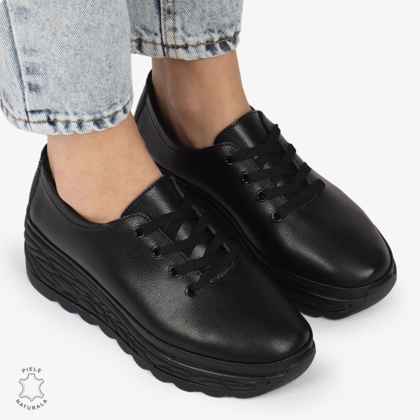Pantofi Casual dama din Piele naturala CU DESIGN PE TALPA SIRET CRL1345 NEGRU - Img 2