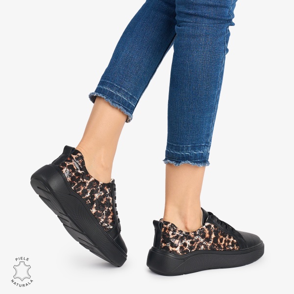 Pantofi Casual DAMA din PIELE Naturala cu imprimeu de leopard CRL0949 CULOARE: Negru - Img 3