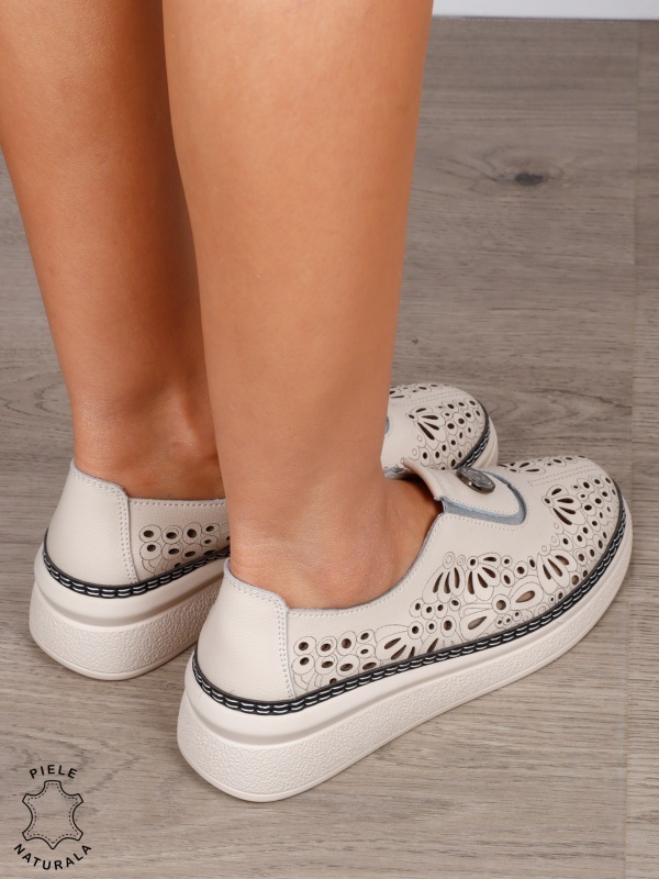 Pantofi Casual dama din Piele naturala cu model Perforat CRL1600 BEJ - Img 4