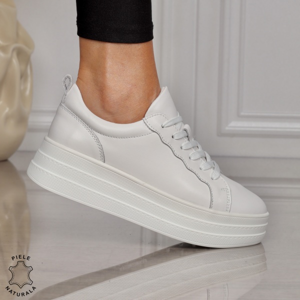 Pantofi CASUAL damă din piele naturală CU SIRET SI TALPA INALTA CRL1454 ALB - Img 2