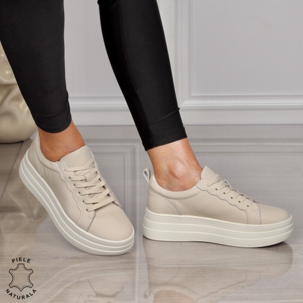 Pantofi CASUAL damă din piele naturală CU SIRET SI TALPA INALTA CRL1454 BEJ - Img 3