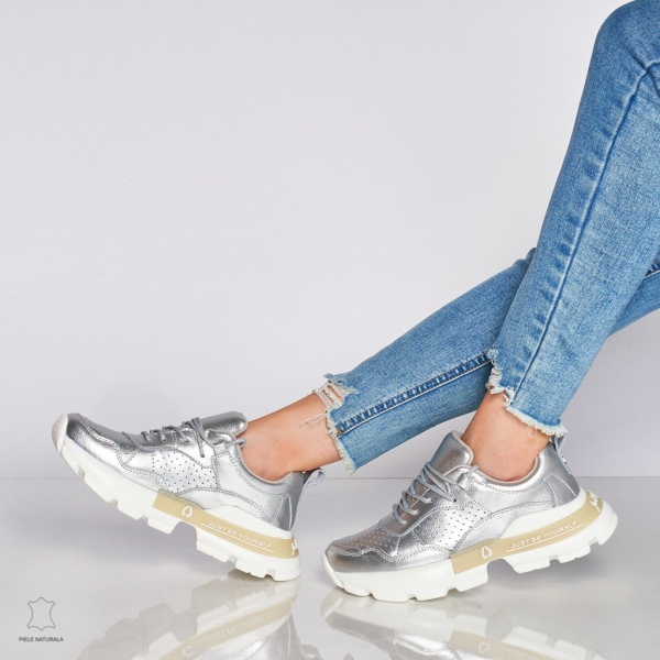 Pantofi Casual dama din Piele naturala cu talpa groasa CRL0046 Argintiu - Img 3