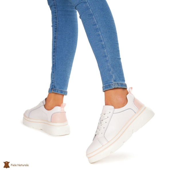Pantofi Casual dama din Piele naturala cu talpa groasa CRL0054 ALB CU ROZ - Img 3