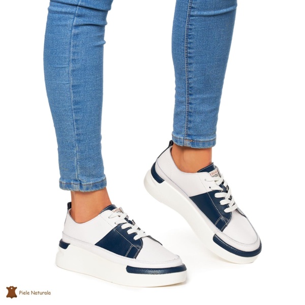 Pantofi Casual dama din Piele naturala cu talpa groasa CRL0056 ALB CU NAVY - Img 2