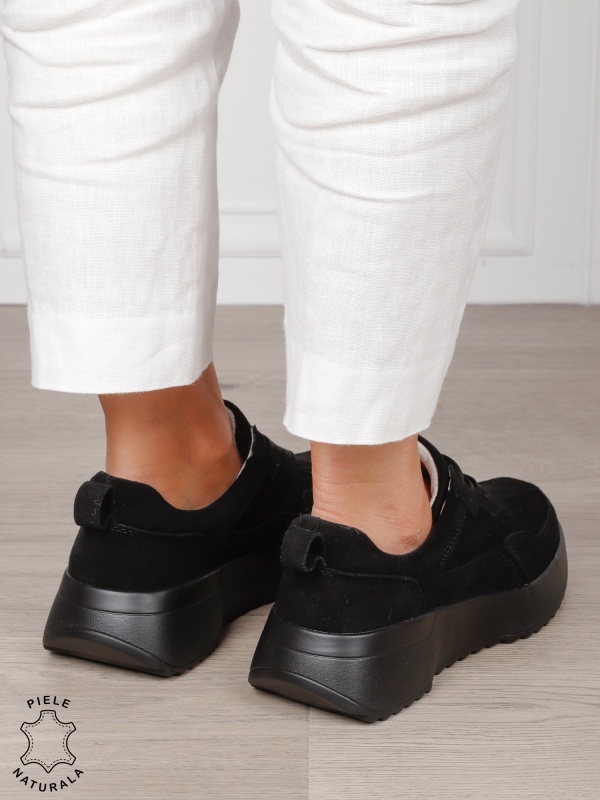 Pantofi Casual dama din Piele Naturala Intoarsa cu talpa inalta CRL1553 negru - Img 3