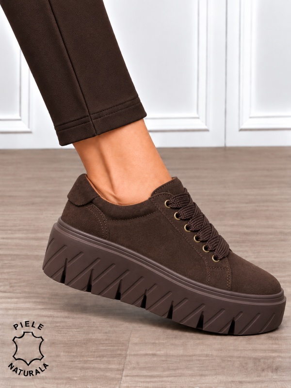 Pantofi casual damă din piele naturală Intoarsa cu talpă Speciala inalta CRL1913 CAFENIU - Img 2