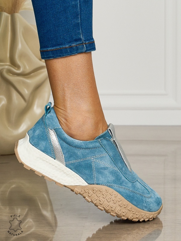 Pantofi CASUAL dama din piele naturala INTOARSA de tip Slip-on CRL1458 ALBASTRU - Img 2
