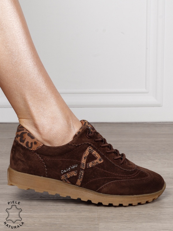 Pantofi Casual Damă din Piele Naturală Întoarsă imprimeu Leopard CRL1804 CAFENIU - Img 2