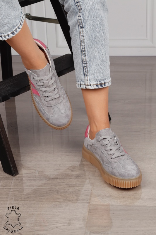 Pantofi Casual DAMA din Piele Naturala intoarsa, Model Retro CRL1531GRI - Img 5