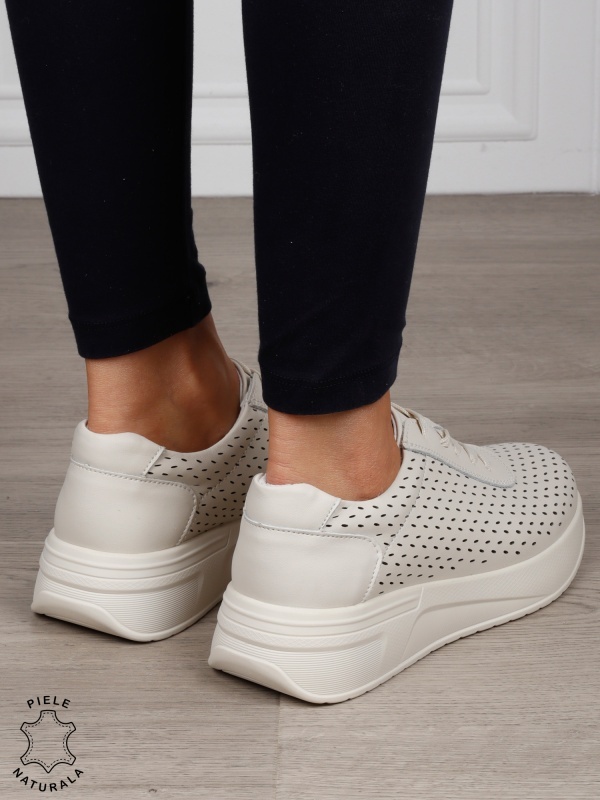 Pantofi Casual dama din Piele Naturala mici perforati CRL1541 BEJ - Img 3