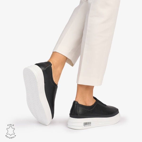 Pantofi Casual dama din Piele Naturala Perforata cu elastic frontal CRL1068 CULOARE: NEGRU - Img 4