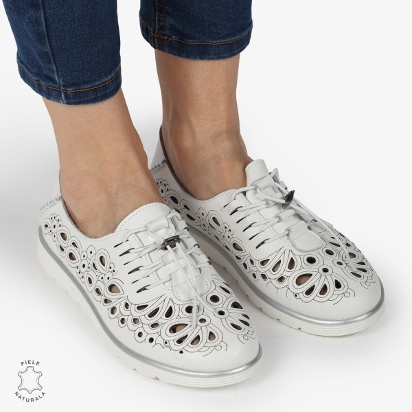 PANTOFI CASUAL dama din Piele naturala PERFORATA CU MODEL CRL1356 ALB - Img 3