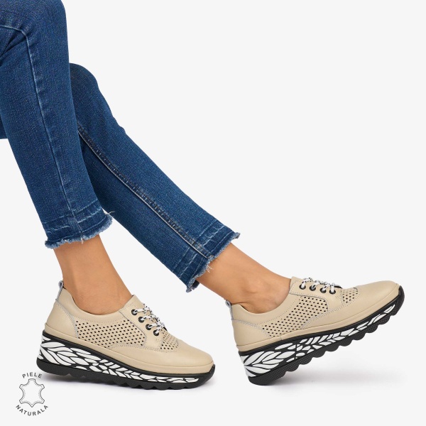 Pantofi Casual dama din Piele Naturala perforata talpa speciala cu model CRL1073 CULOARE: BEJ - Img 3