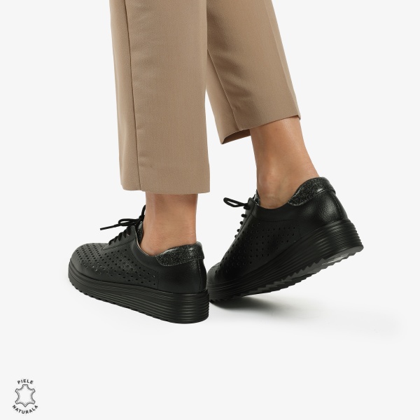 Pantofi Casual dama din piele naturala Perforati CRL0782 NEGRU - Img 4