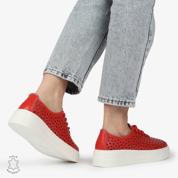 Pantofi Casual dama din Piele naturala PERFORATI USORI CU SIRET CRL1341 ROSU - Img 4